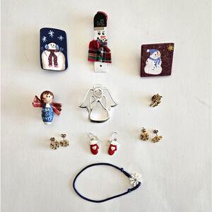 Christmas Jewelry Lot Earrings Pins Bracelet Angel Snowman Cute Whimsy Lot of 10